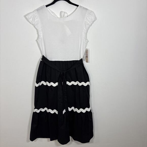 Nanette Lepore Flutter Sleeve Smocked Midi Dress Black White 6 NWT Peasant Boho - Picture 3 of 13